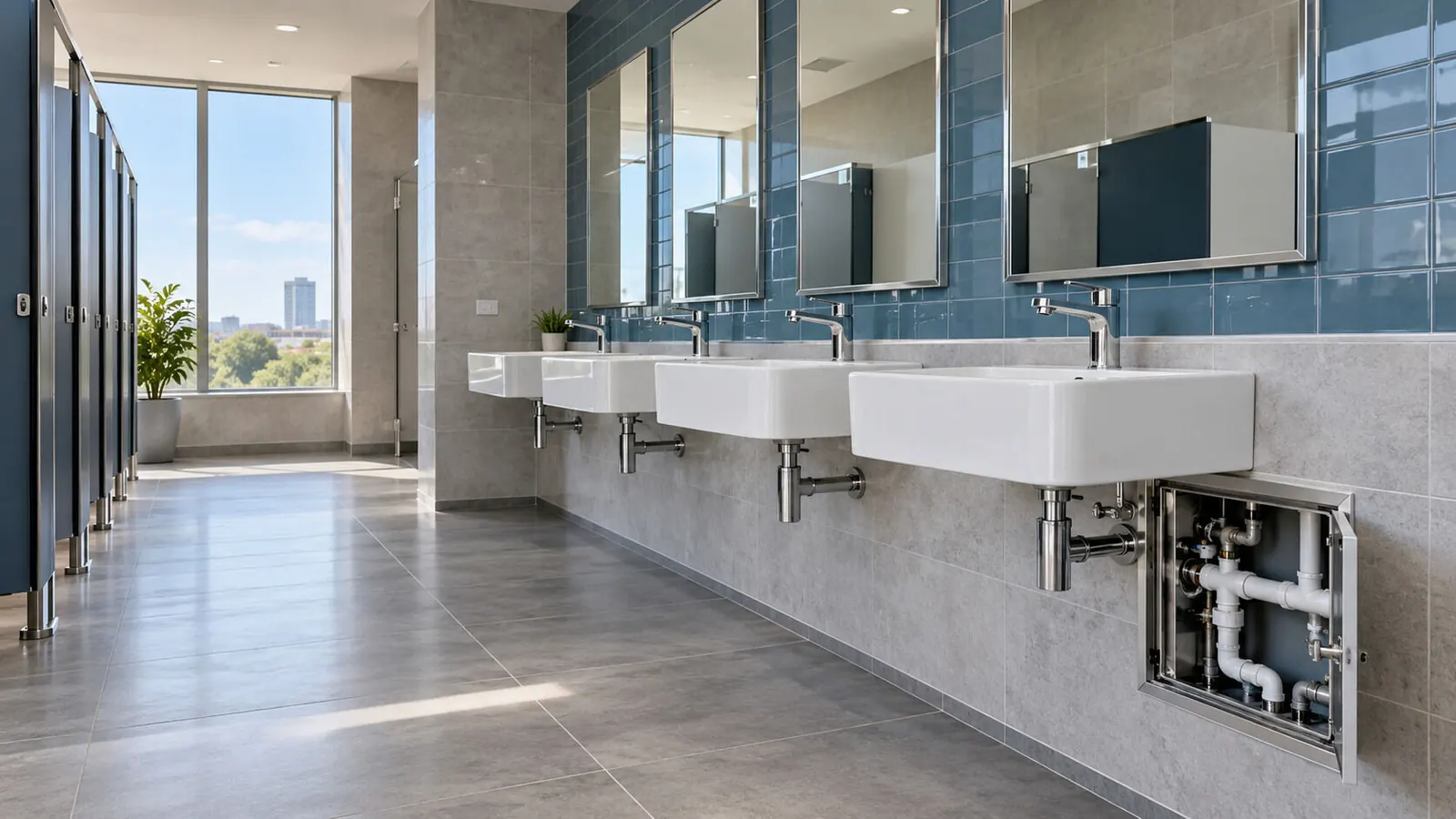 Commercial washroom with wall-hung basins
