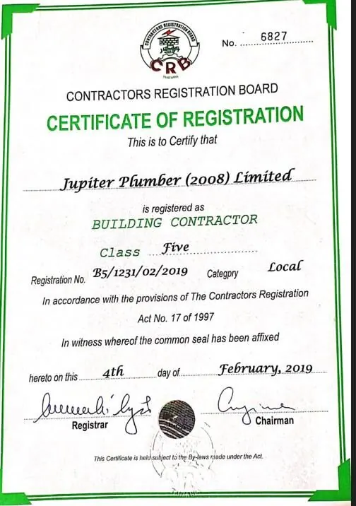 CRB certificate: Building Contractor Class Five