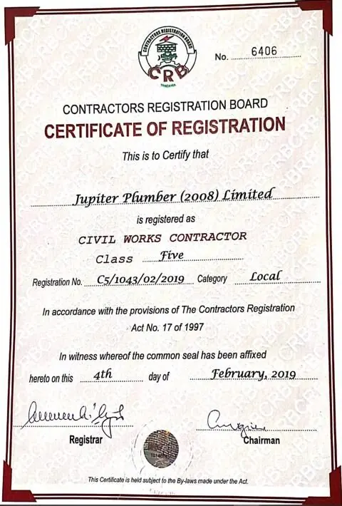 CRB certificate: Civil Works Contractor Class Five