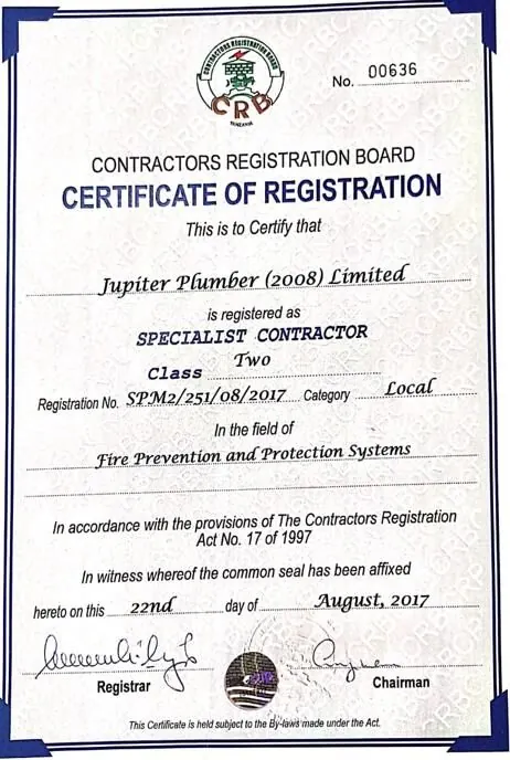CRB certificate: Specialist Contractor Class Two
