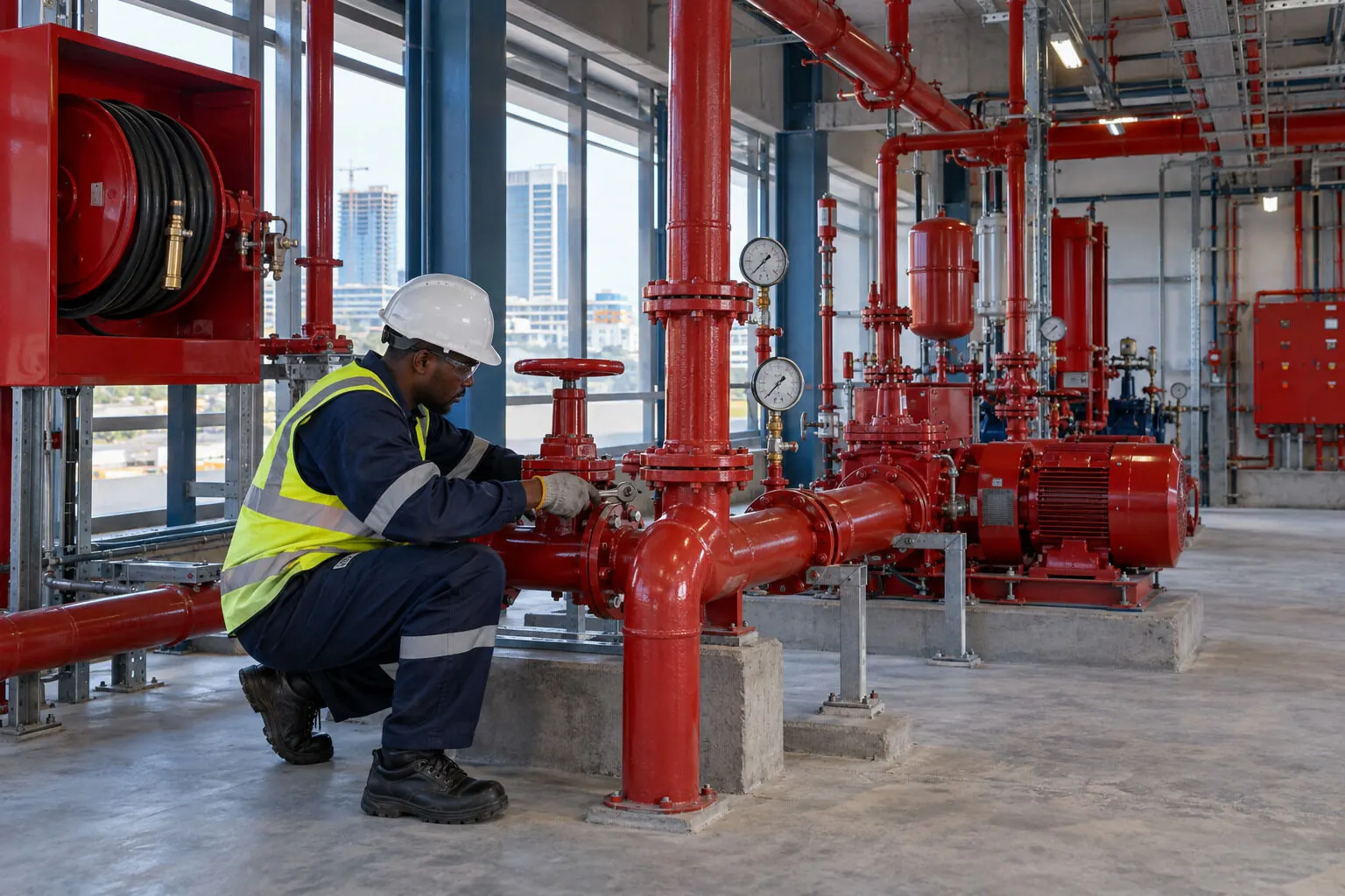 Technician at a fire pump set with hose reel