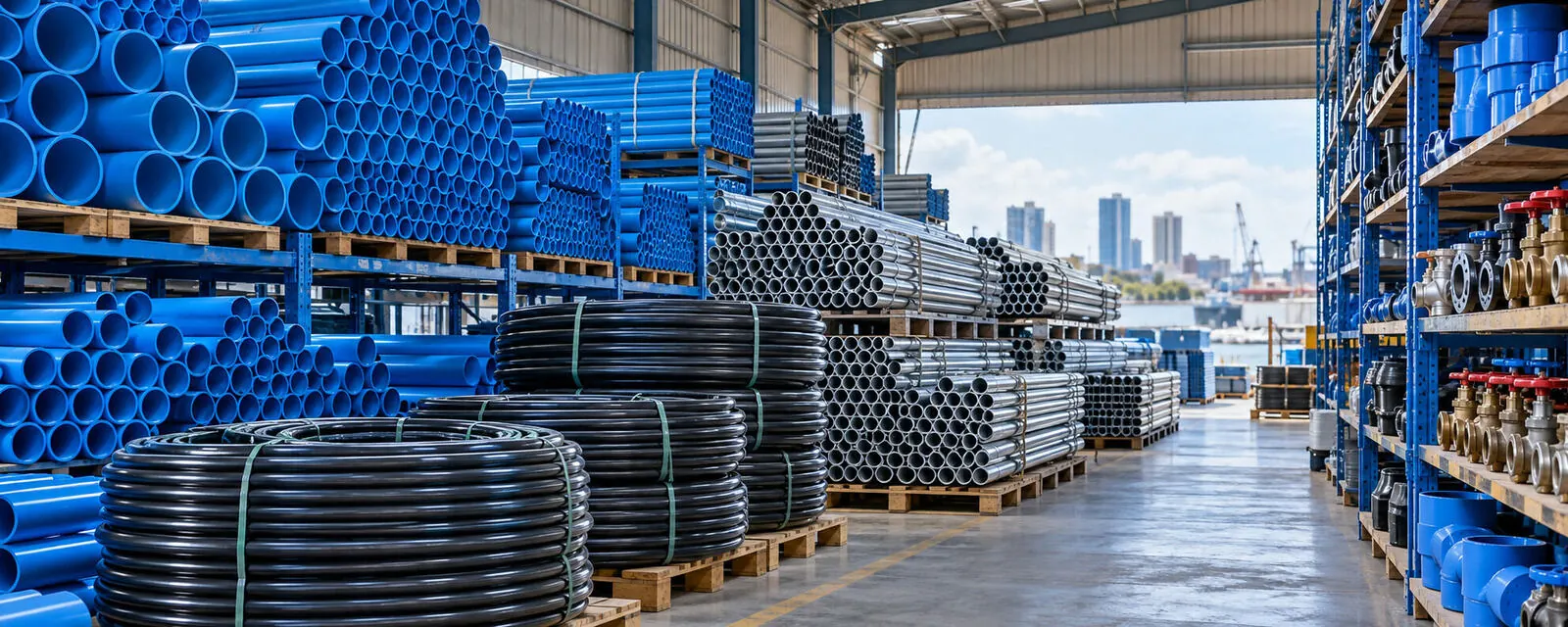 Warehouse stocked with PVC, HDPE and steel pipes and valves