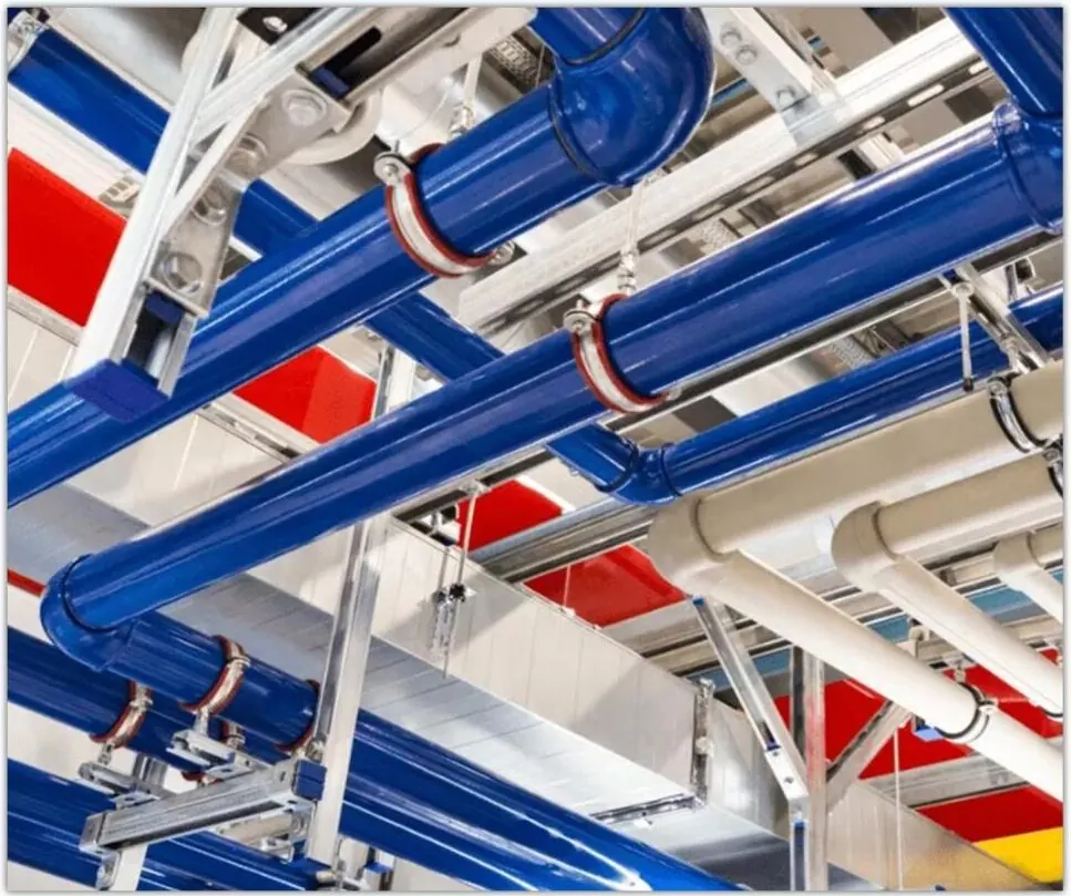 Pipework installed on ceiling supports