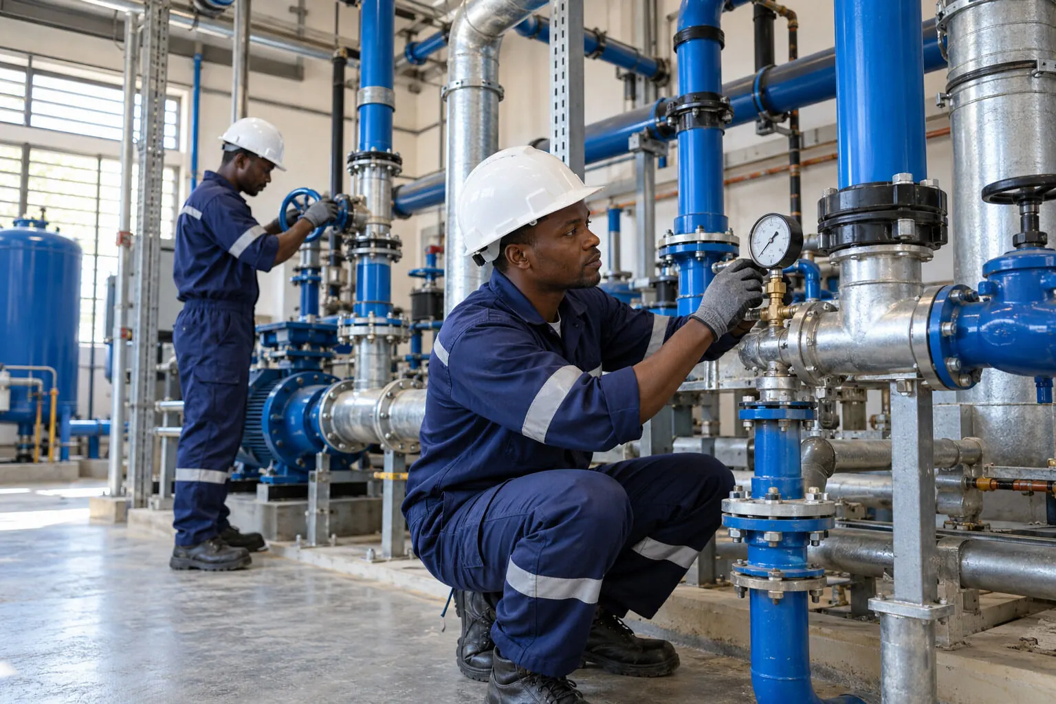 Plumber checking a pressure gauge in a pump room