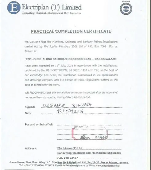 Completion certificate: PPF House plumbing