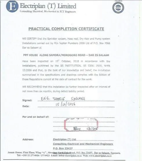 Completion certificate: PPF House fire systems