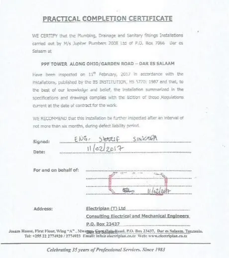 Completion certificate: PPF Tower plumbing